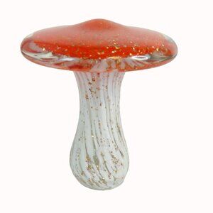 Blown Glass Mushroom Decor Figurine Orange/Red With Gold Accents 4.5" Tall